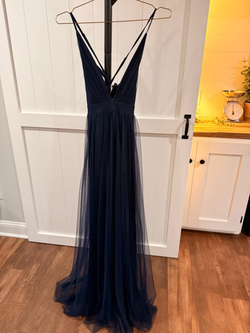 Navy Tulle Deep-V Spaghetti Strap Gown